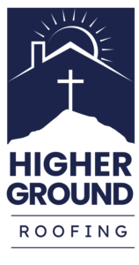 Higher Ground Roofing logo featuring a roof line, sand dune, and cross in navy blue