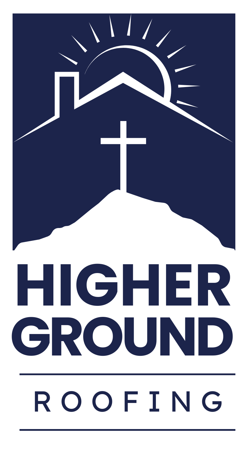 Higher Ground Roofing logo featuring a roof line, sand dune, and cross in navy blue